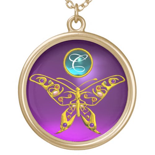 HYPER BUTTERFLY  Amethyst _  Aquamarine Monogram Gold Plated Necklace