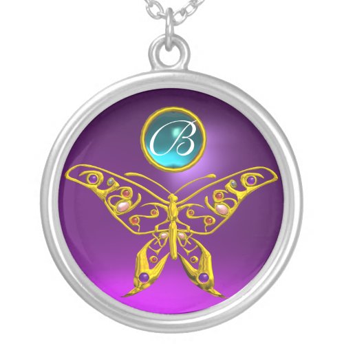 HYPER BUTTERFLY  Amethyst _  Aquamarine Monogram Silver Plated Necklace