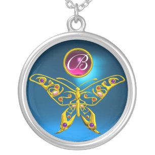 HYPER BUTTERFLY , Blue Sapphire Amethyst Monogram Silver Plated Necklace