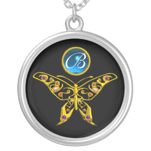HYPER BUTTERFLY , Blue Sapphire Black Monogram Silver Plated Necklace