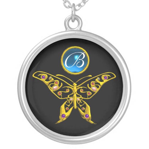 HYPER BUTTERFLY  Blue Sapphire Black Monogram Silver Plated Necklace