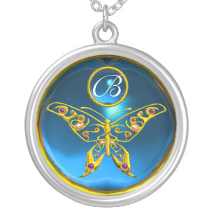 HYPER BUTTERFLY , Blue Sapphire Monogram Silver Plated Necklace