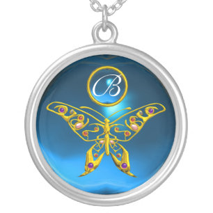 HYPER BUTTERFLY , Blue Sapphire Monogram Silver Plated Necklace