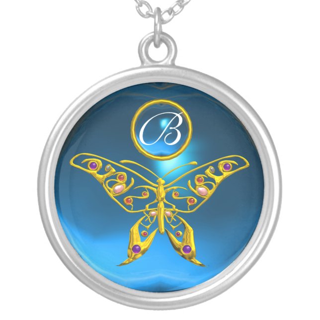 HYPER BUTTERFLY , Blue Sapphire Monogram Silver Plated Necklace (Front)