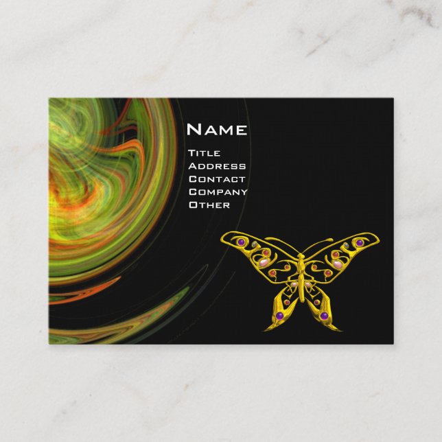 HYPER BUTTERFLY- bright orange green black yellow Business Card (Front)