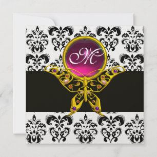 HYPER BUTTERFLY MONOGRAM,black white damask, pink Invitation