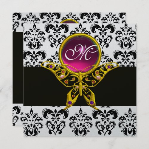 HYPER BUTTERFLY MONOGRAMblack white damask pink Invitation