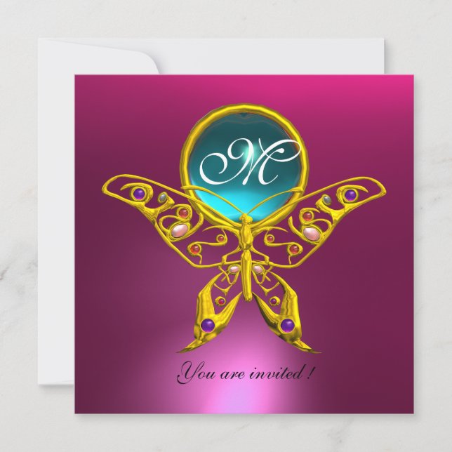 HYPER BUTTERFLY MONOGRAM,blue,aquamarine pink Invitation (Front)