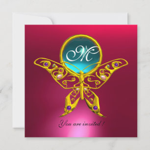 HYPER BUTTERFLY MONOGRAM,blue,aquamarine pink red Invitation