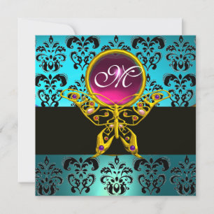 HYPER BUTTERFLY MONOGRAM,blue damask pink turquase Invitation