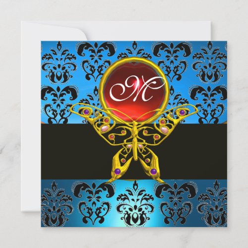 HYPER BUTTERFLY MONOGRAMblue damask red ruby Invitation