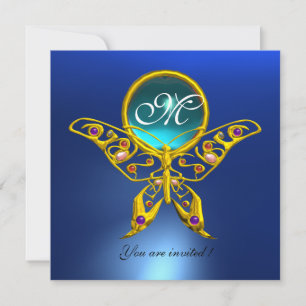 HYPER BUTTERFLY MONOGRAM,blue,turquase aquamarine Invitation