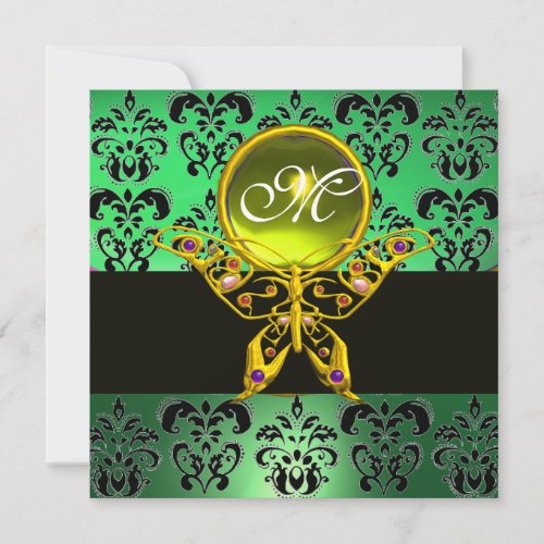 HYPER BUTTERFLY MONOGRAMgreen damask yellow gem Invitation