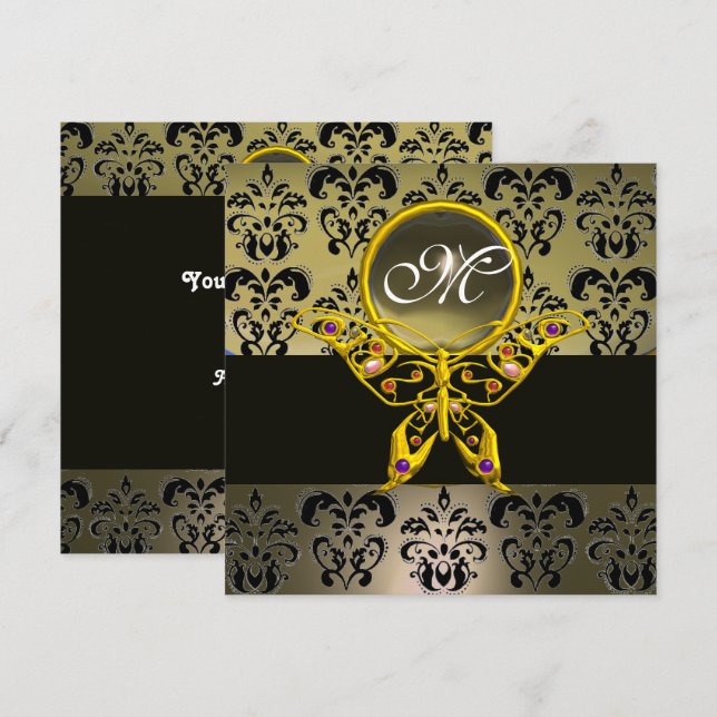HYPER BUTTERFLY MONOGRAM,grey damask agate Invitation (Front/Back)