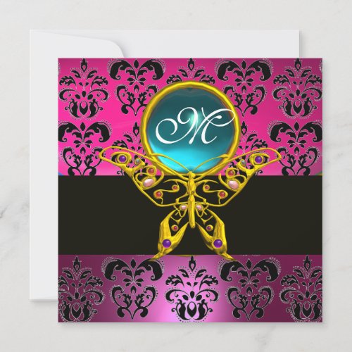 HYPER BUTTERFLY MONOGRAMpink purple damask blue Invitation