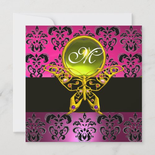 HYPER BUTTERFLY MONOGRAMpink purple damask yellow Invitation