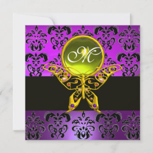 HYPER BUTTERFLY MONOGRAM,purple damask,yellow gem Invitation