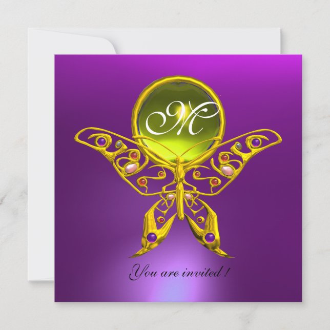 HYPER BUTTERFLY MONOGRAM,purple, yellow topaz Invitation (Front)