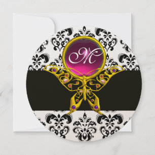 HYPER BUTTERFLY PINK MONOGRAM,black white damask Invitation