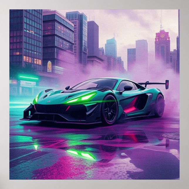 Hyper Car in Neon and Smoke Wall Art Poster (Front)