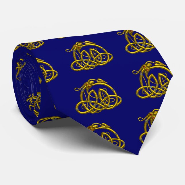 HYPER DRAGON ,Gold Celtic Knots ,Bright Blue Neck Tie (Rolled)