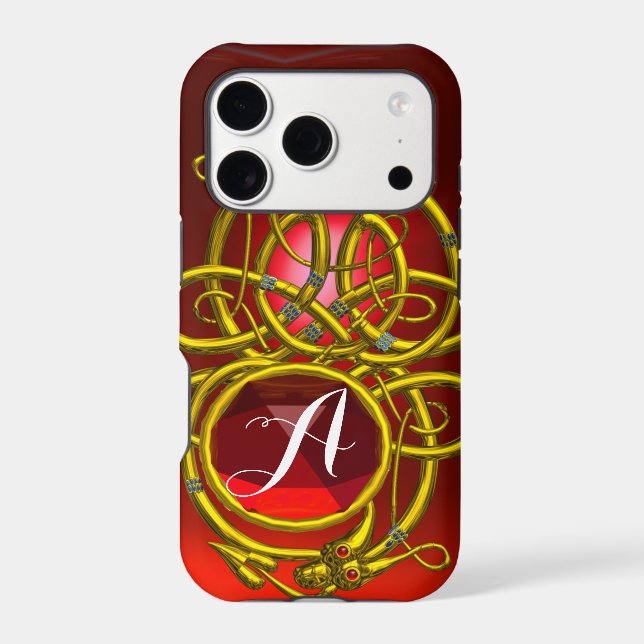 HYPER DRAGONS,GOLD CELTIC KNOTS Red Ruby Monogram Iphone Case (Back)
