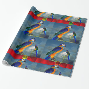 HYPER PARROTS /BLUE ARA WITH RED RIBBONS WRAPPING PAPER