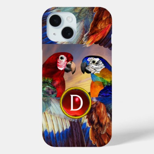 HYPER PARROTS RED AND BLUE ARA GEMSTONE MONOGRAM iPhone 15 CASE