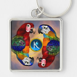 HYPER PARROTS /RED AND BLUE ARA GEMSTONE MONOGRAM KEYCHAIN