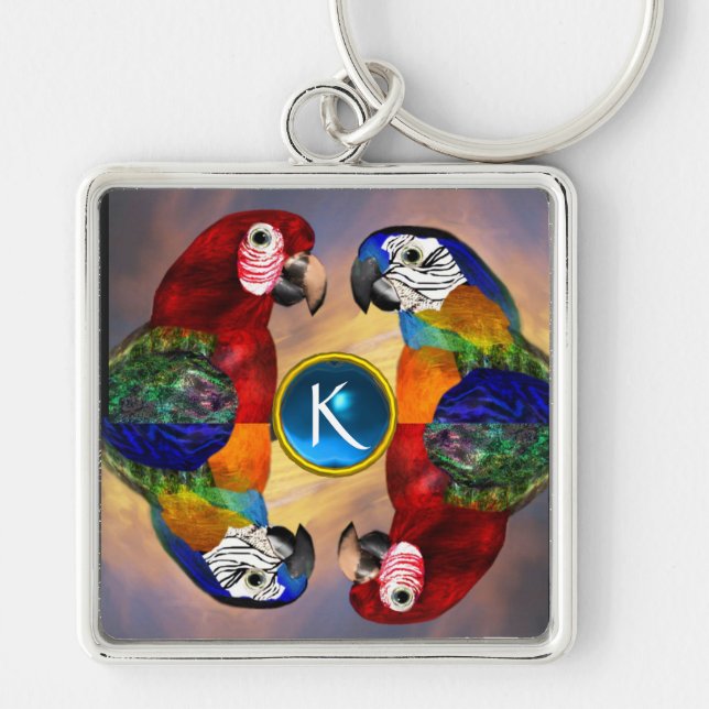 HYPER PARROTS /RED AND BLUE ARA GEMSTONE MONOGRAM KEYCHAIN (Front)