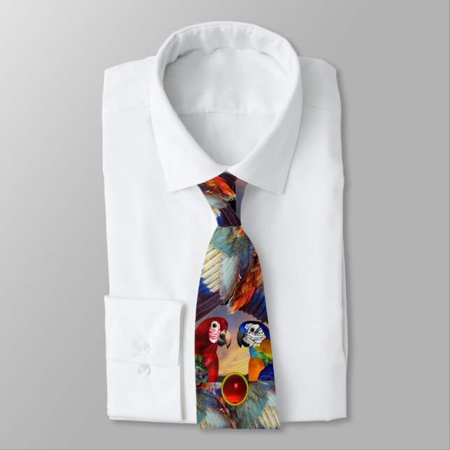 HYPER PARROTS /RED AND BLUE ARA ,RUBY GEMSTONES NECK TIE (Tied)