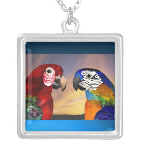 HYPER PARROTS  RED AND BLUE ARA SILVER PLATED NECKLACE