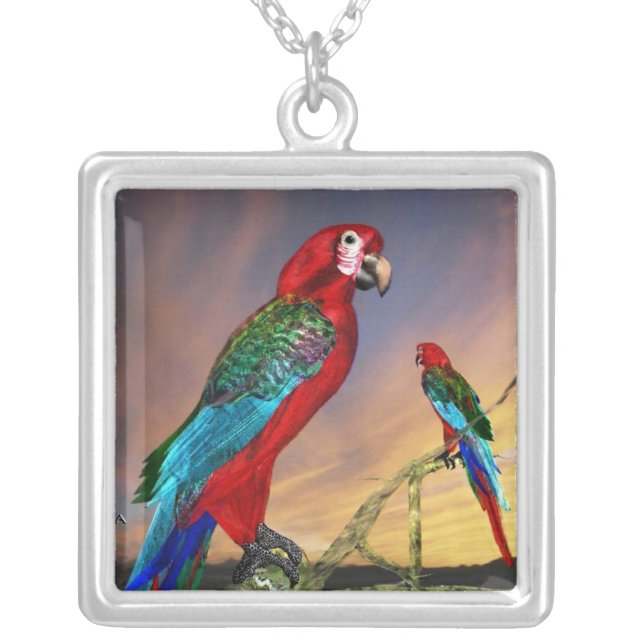 HYPER PARROTS /  RED ARA SILVER PLATED NECKLACE (Front)