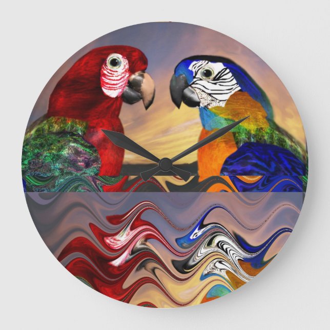 HYPER PARROTS RED,BLUE ARA ,COLORFUL REFLECTIONS LARGE CLOCK (Front)