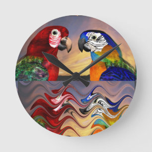 HYPER PARROTS RED,BLUE ARA ,COLORFUL REFLECTIONS ROUND CLOCK