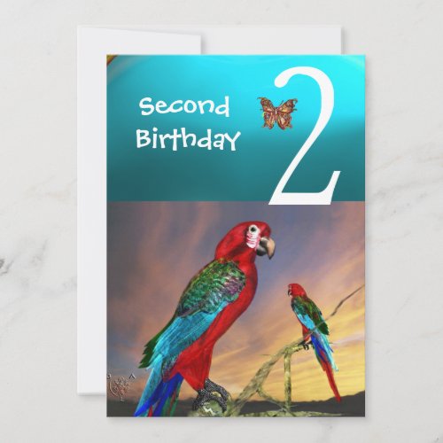 HYPER PARROTS  Second Birthday Party Turquase Red Invitation