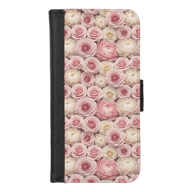 Hyper-Realistic 3D Pastel Rose & Peony iPhone Wallet Case (Front)