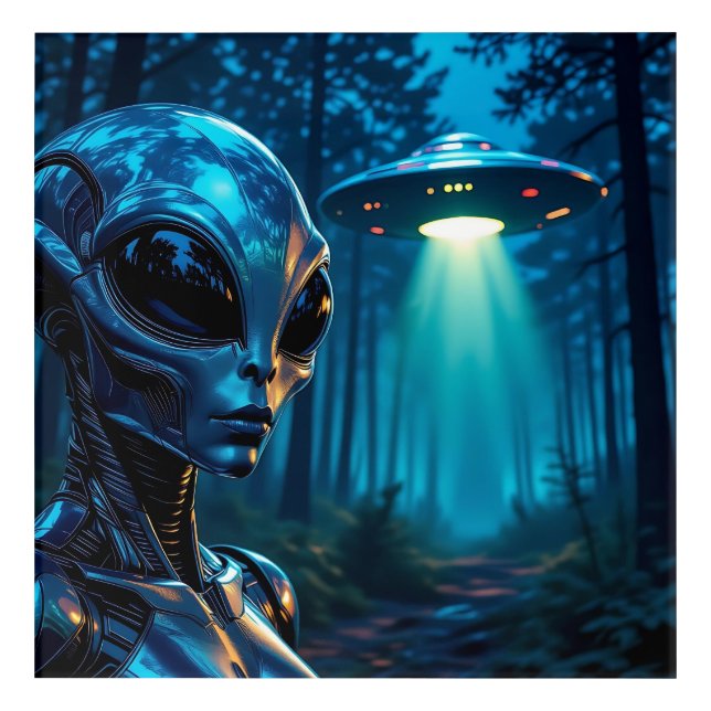 Hyper Realistic Alien and UFO in the Forest Acrylic Print (Front)
