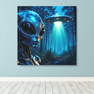 Hyper Realistic Alien and UFO in the Forest Canvas Print