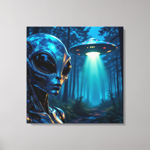 Hyper Realistic Alien and UFO in the Forest Canvas Print