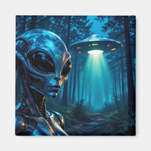 Hyper Realistic Alien and UFO in the Forest Magnet