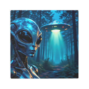 Hyper Realistic Alien and UFO in the Forest Metal Print