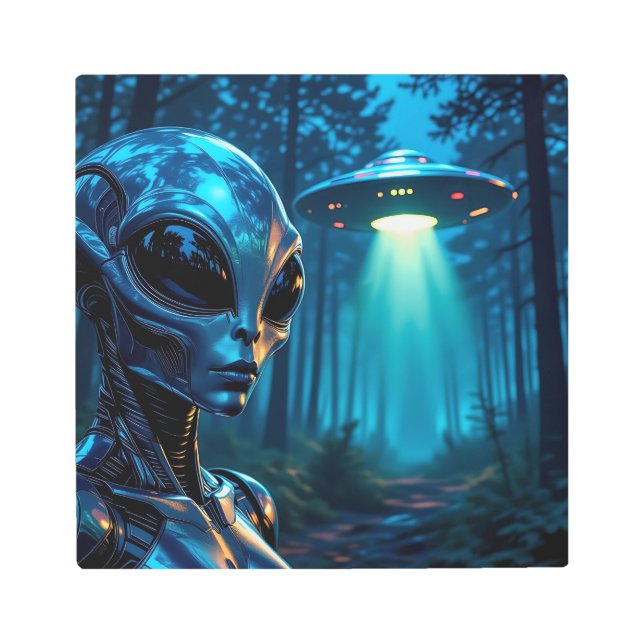 Hyper Realistic Alien and UFO in the Forest Metal Print (Front)