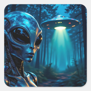 Hyper Realistic Alien and UFO in the Forest Square Sticker