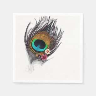 Hyper-Realistic Peacock Feather with Floral Patter Napkins
