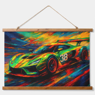 hyper stylized racing car hanging tapestry