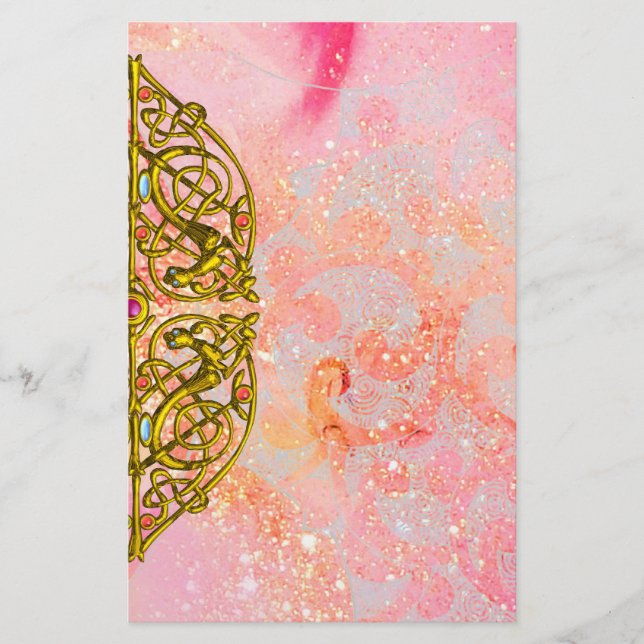 HYPER VALENTINE / GOLD CELTIC HEART Pink Sparkles Stationery (Front)
