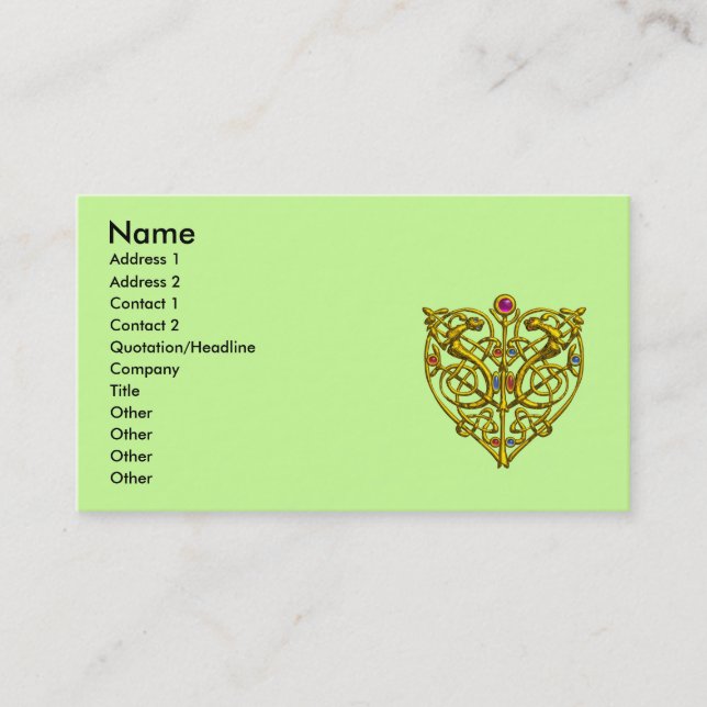 HYPER VALENTINE,GOLD CELTIC KNOT HEART JEWEL Green Business Card (Front)