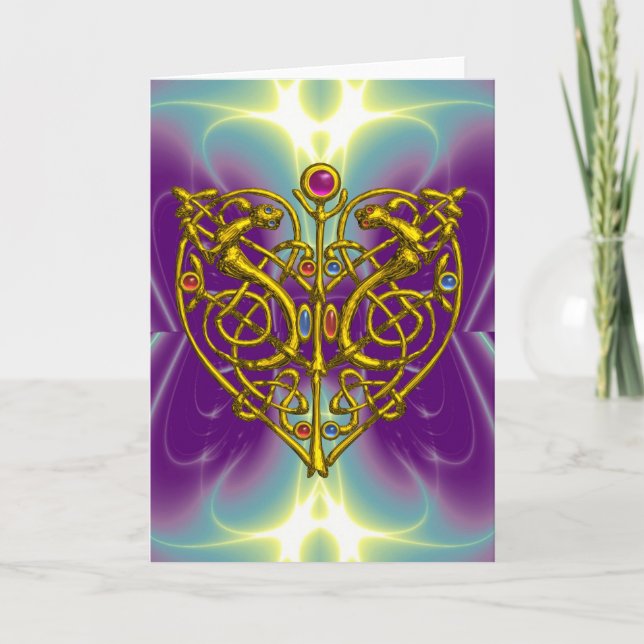 HYPER VALENTINE /Gold Celtic Knot Heart With Gems Holiday Card (Front)