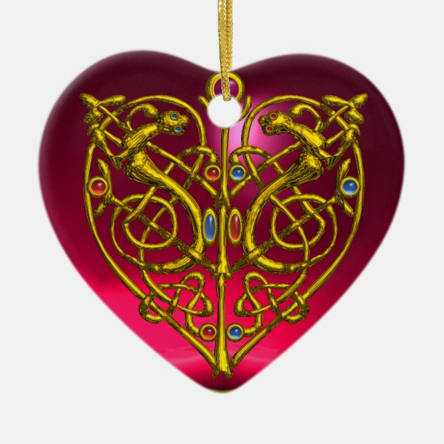 HYPER VALENTINE HEART Red Ruby and Green Emerald Ceramic Ornament (Front)